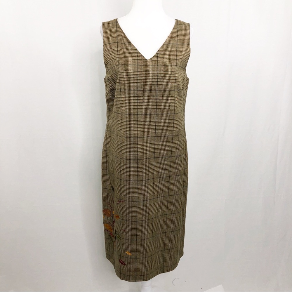 Harve Benard Wool Plaid Embroidered Dress, Size 6, Brown